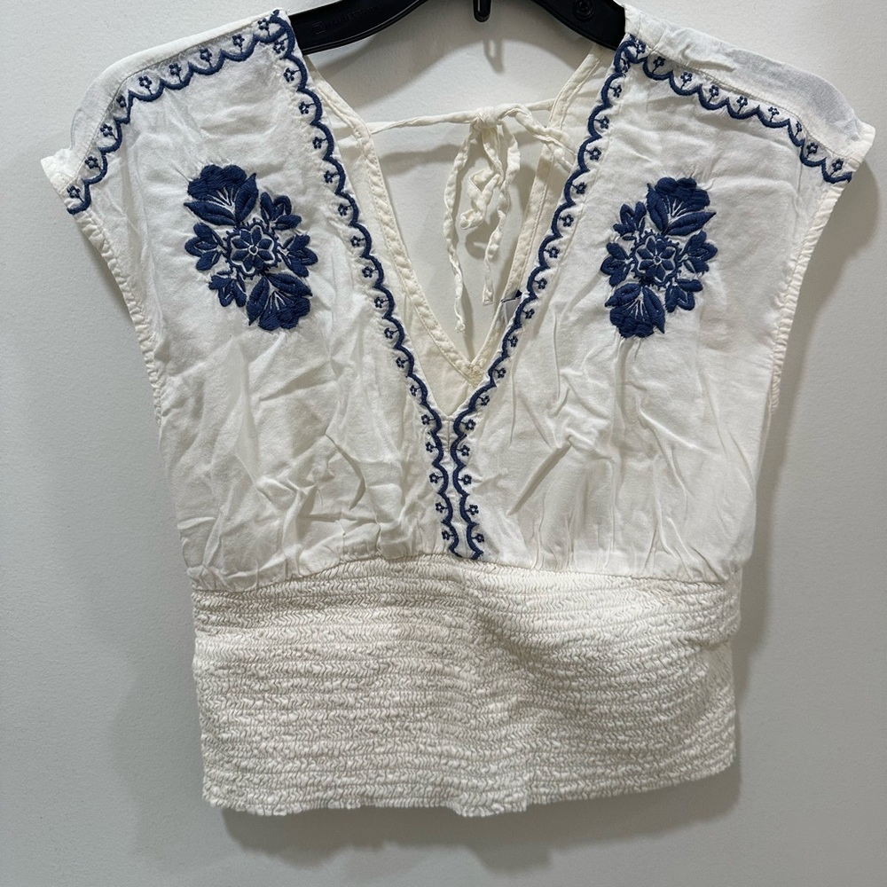 Embroidered White and Blue Women's Top